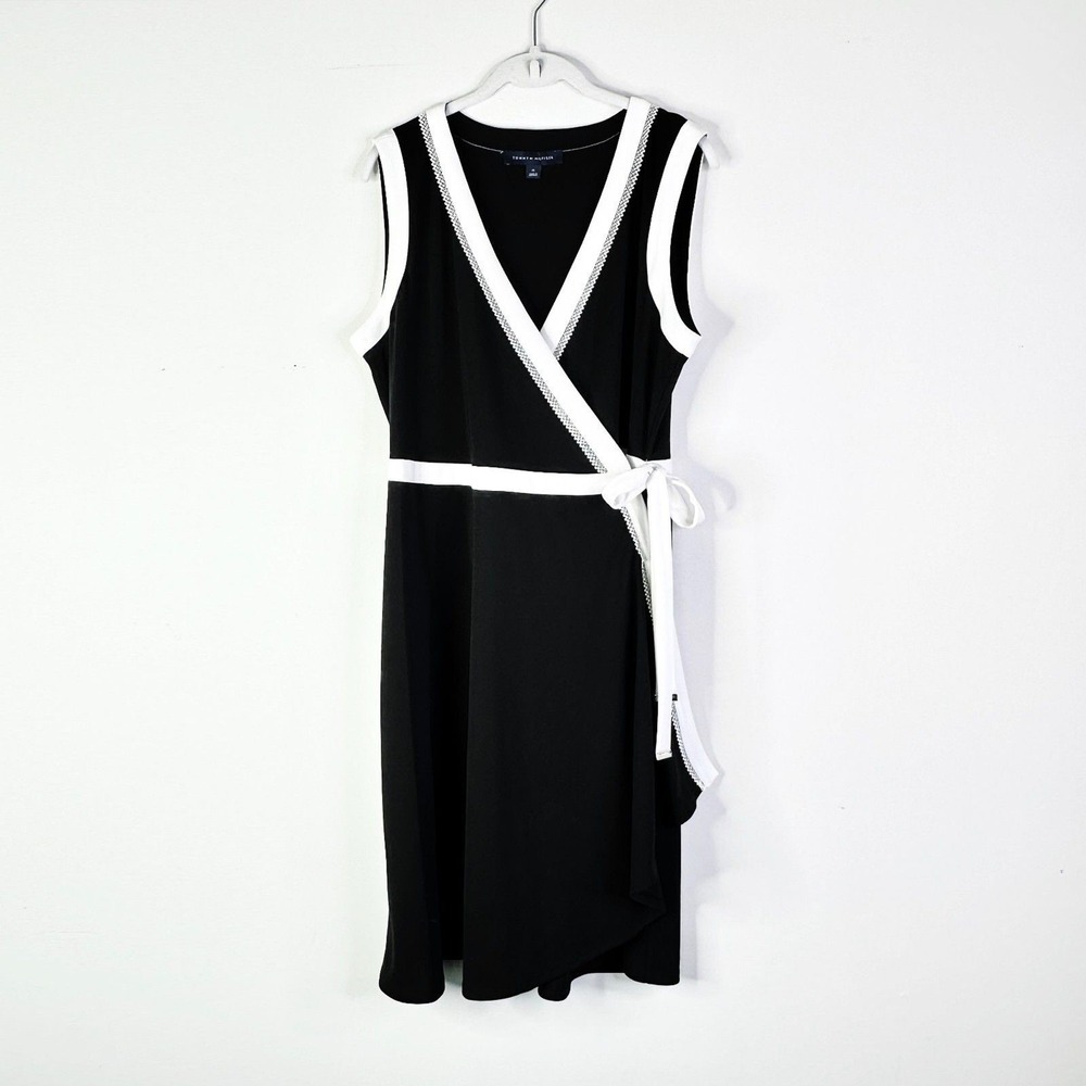 Tommy Hilfiger Dress Women 14 Black White Wrap Sleeveless Midi Corpcore Classic - Picture 2 of 9